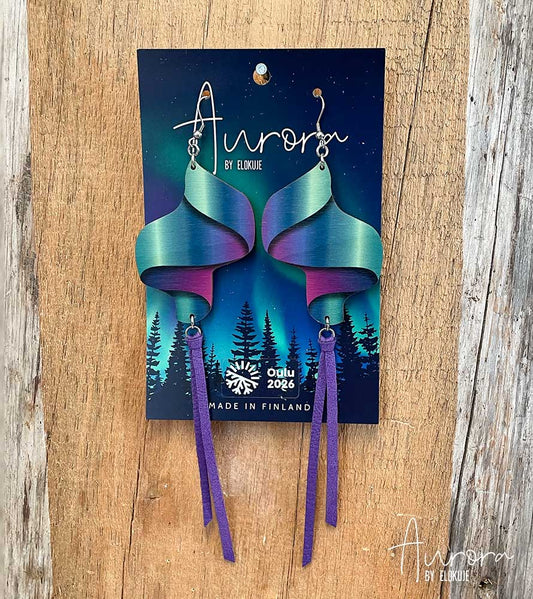 Kotimaiset koivuvaneriset revontuli-korvakorut – Loimu | Aurora by Elokuje