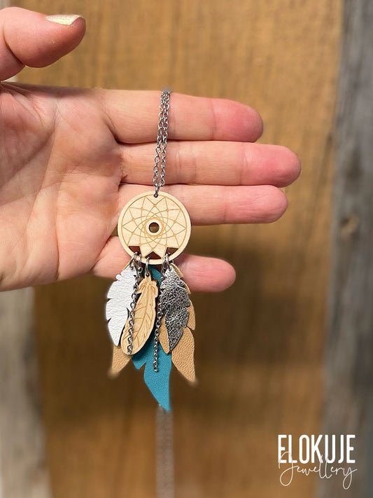 Dreamcatcher earrings made from surplus reindeer leather and birch plywood - lilac