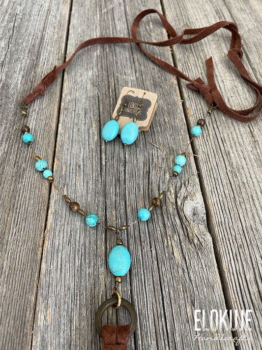Mokkanahkainen boho-tasselikaulakoru ja korvakorut, turkoosi ja ruskea