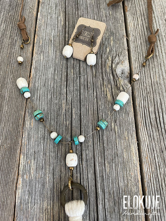 Mokkanahkainen boho-tasselikaulakoru ja korvakorut, valkea #2