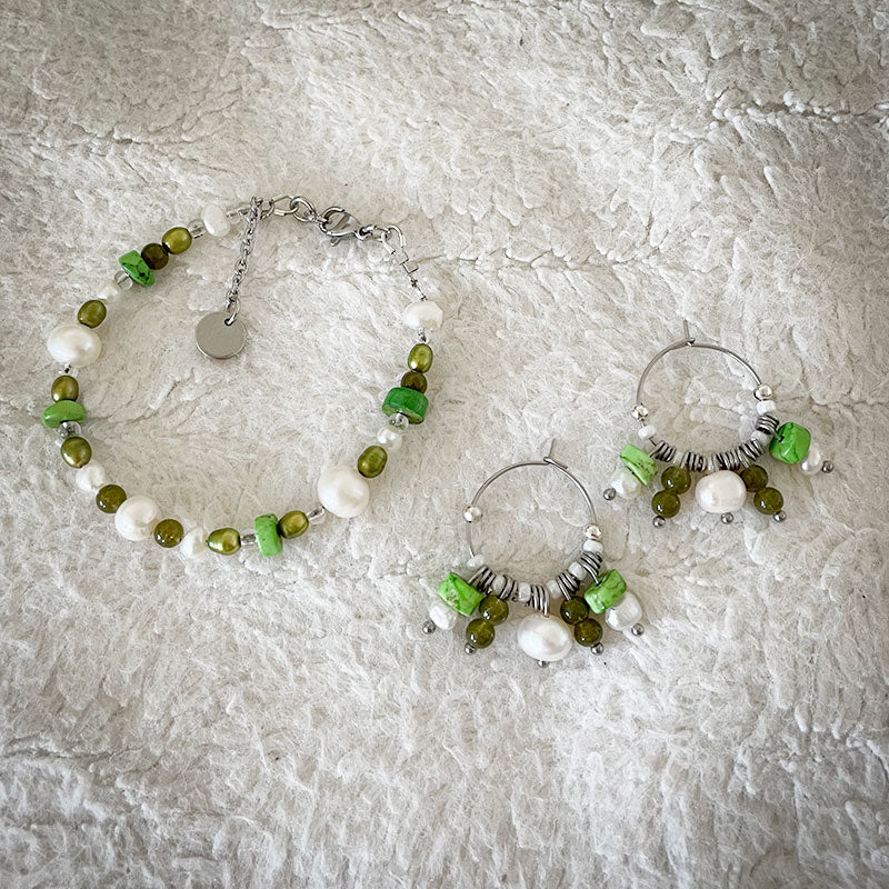 Boho Chic -pearl bracelet and earrings, green