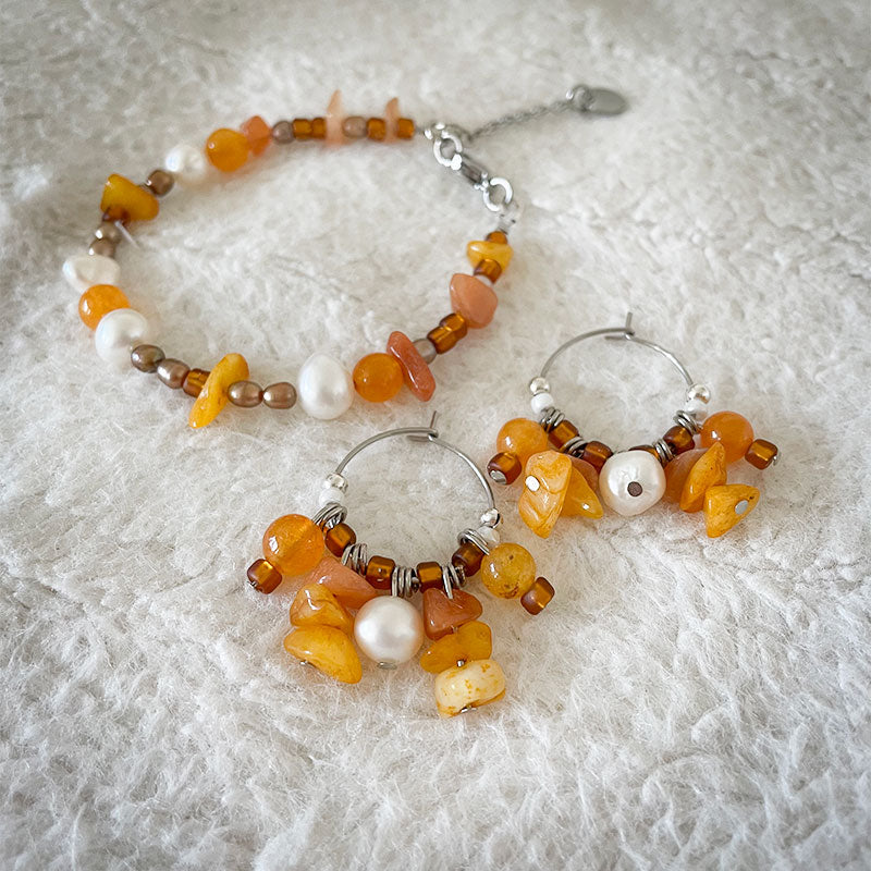 Boho Chic -pearl bracelet and earrings, orange