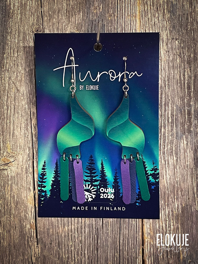 Kotimaiset koivuvaneriset revontuli-korvakorut – Kajo | Aurora by Elokuje