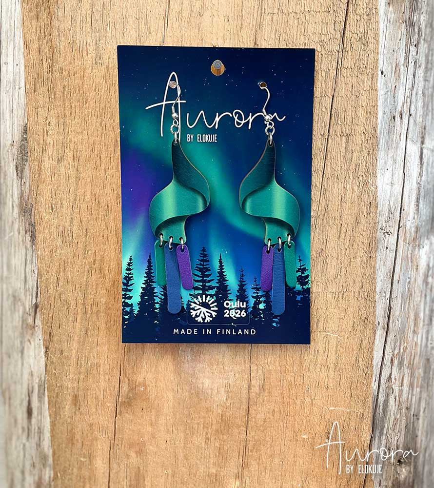 Kotimaiset koivuvaneriset revontuli-korvakorut – Kajo | Aurora by Elokuje