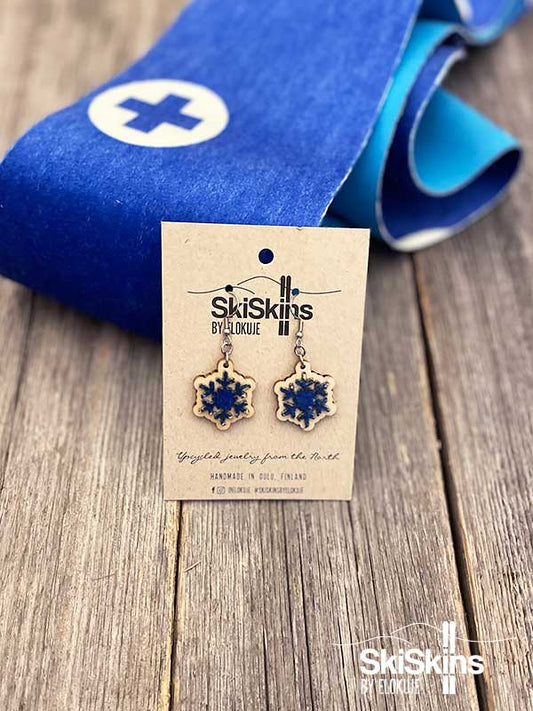 SkiSkins earrings, blue flake with plywood background