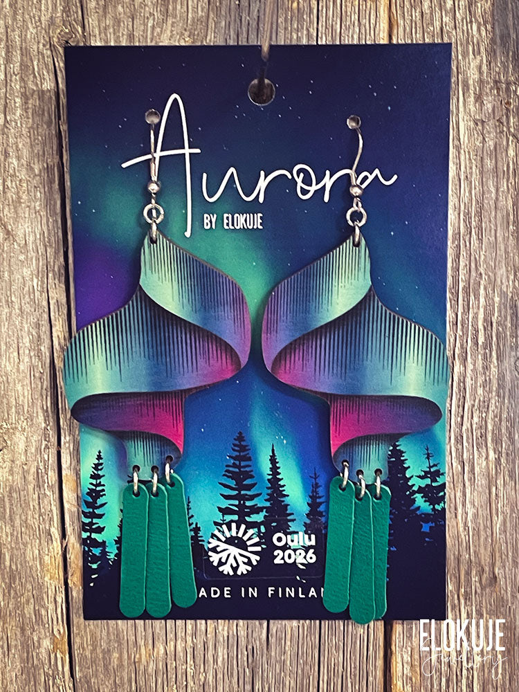 Kotimaiset koivuvaneriset revontuli-korvakorut – Loimu #2 | Aurora by Elokuje