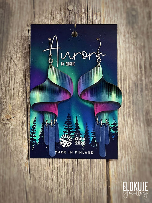 Kotimaiset koivuvaneriset revontuli-korvakorut – Loimu #3 | Aurora by Elokuje