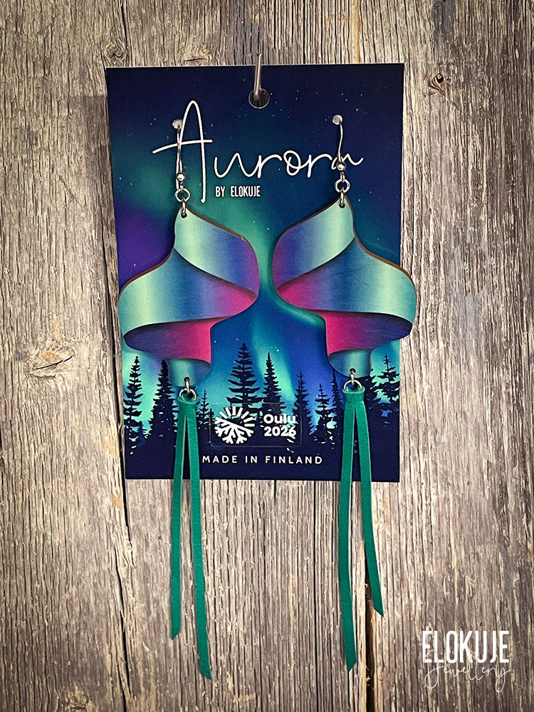 Kotimaiset koivuvaneriset revontuli-korvakorut – Loimu | Aurora by Elokuje