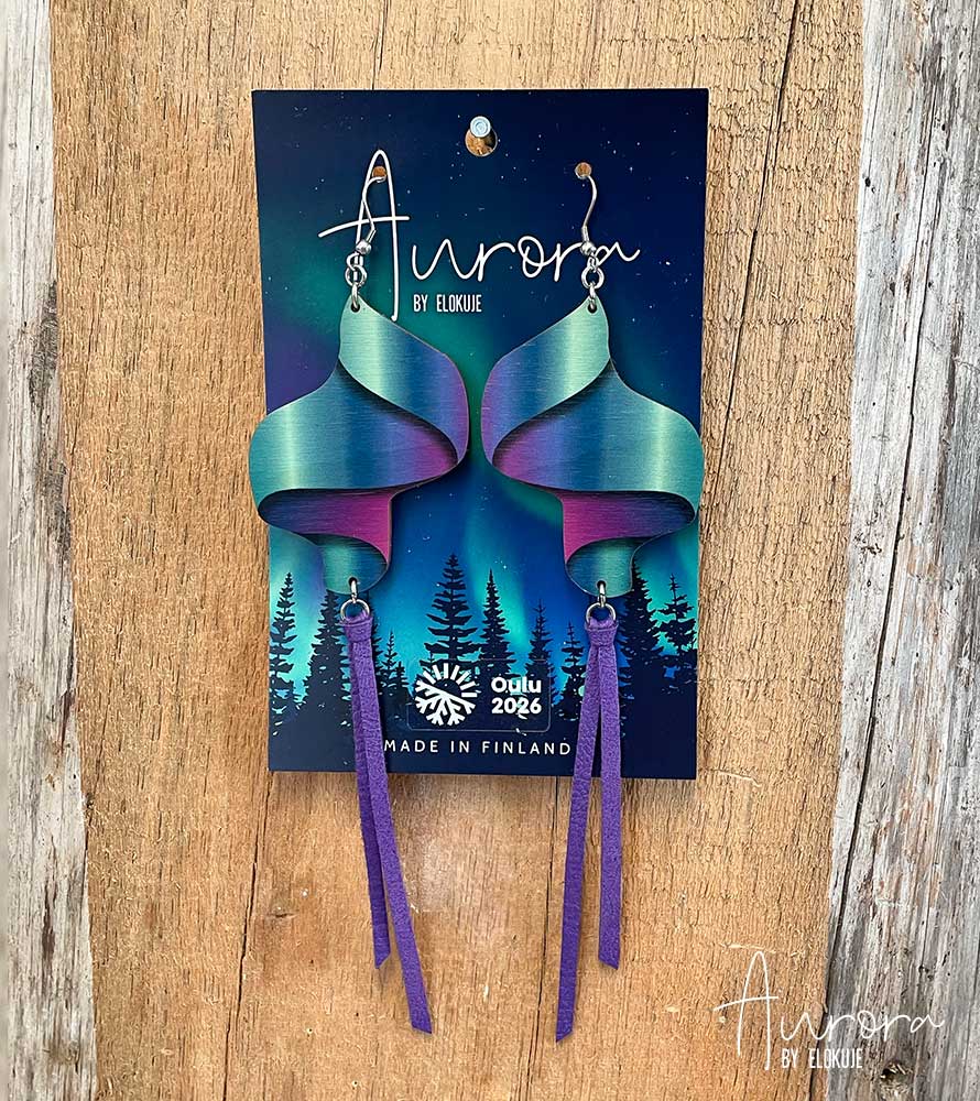 Kotimaiset koivuvaneriset revontuli-korvakorut – Loimu | Aurora by Elokuje