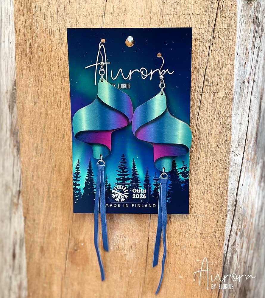 Kotimaiset koivuvaneriset revontuli-korvakorut – Loimu | Aurora by Elokuje