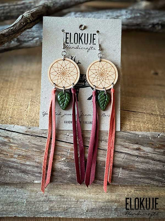 Earrings made of surplus reindeer leather and birch plywood - Dreamcatcher Leaf #1
