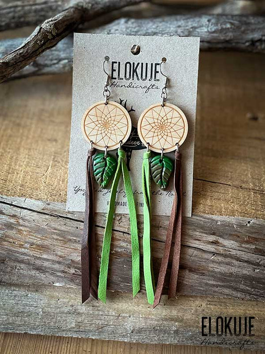 Earrings made of surplus reindeer leather and birch plywood - Dreamcatcher Leaf #3