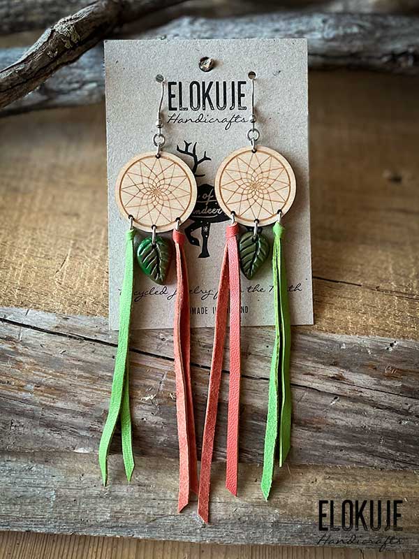 Earrings made of surplus reindeer leather and birch plywood - Dreamcatcher Leaf #4