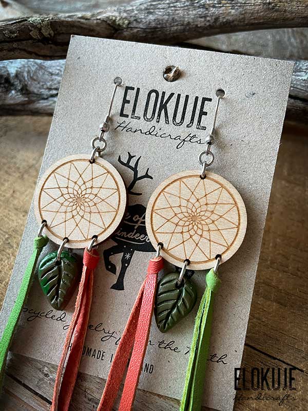 Earrings made of surplus reindeer leather and birch plywood - Dreamcatcher Leaf #4