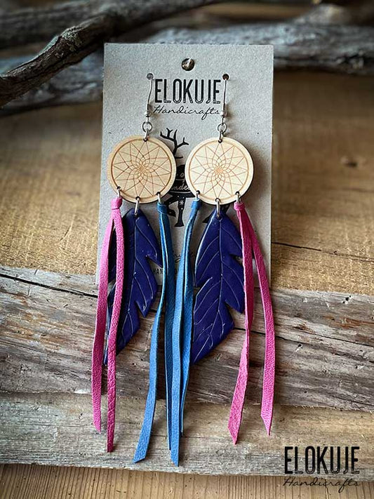 Earrings made of surplus reindeer leather and birch plywood - dreamcatcher feather #2