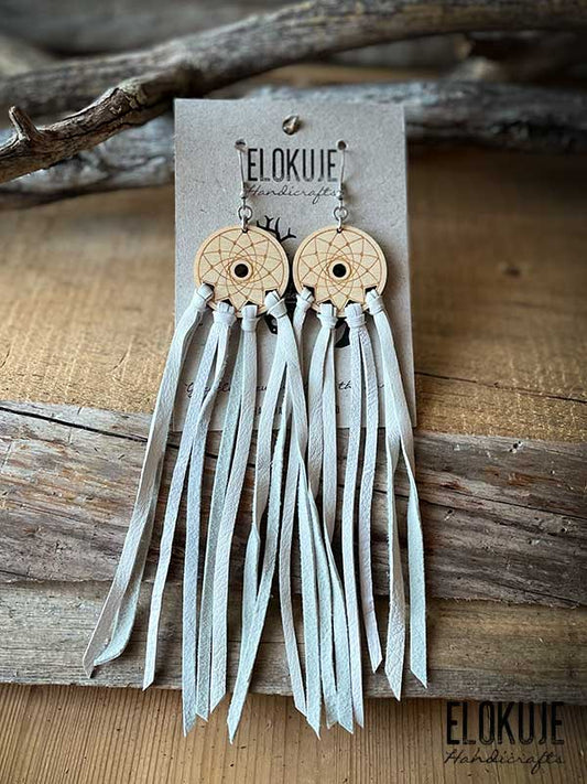 Earrings made of surplus reindeer leather and birch plywood - white dreamcatcher