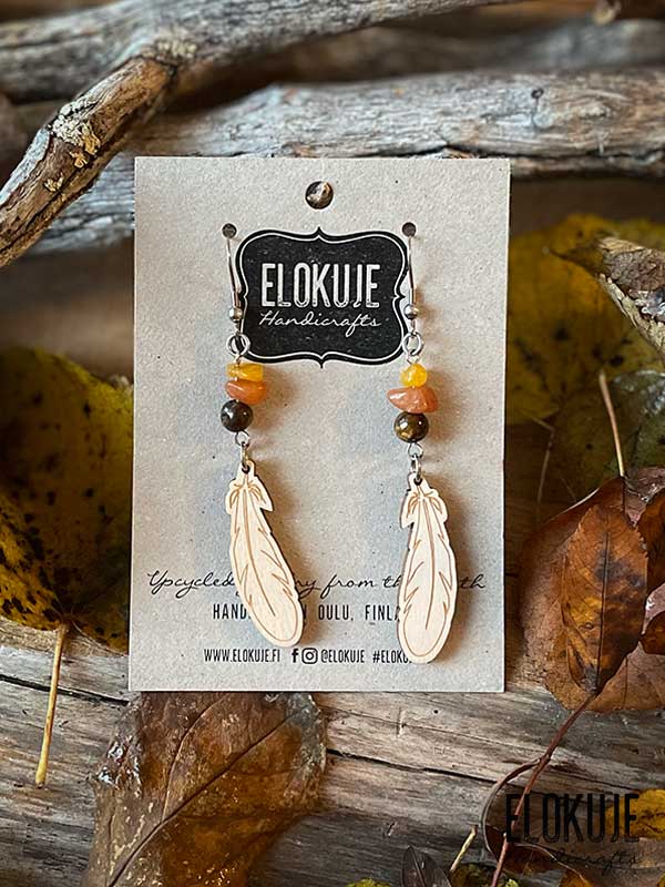 Birch plywood earrings - feather with tiger's eye
