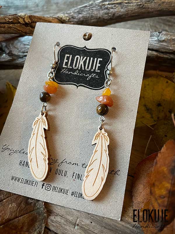 Birch plywood earrings - feather with tiger's eye