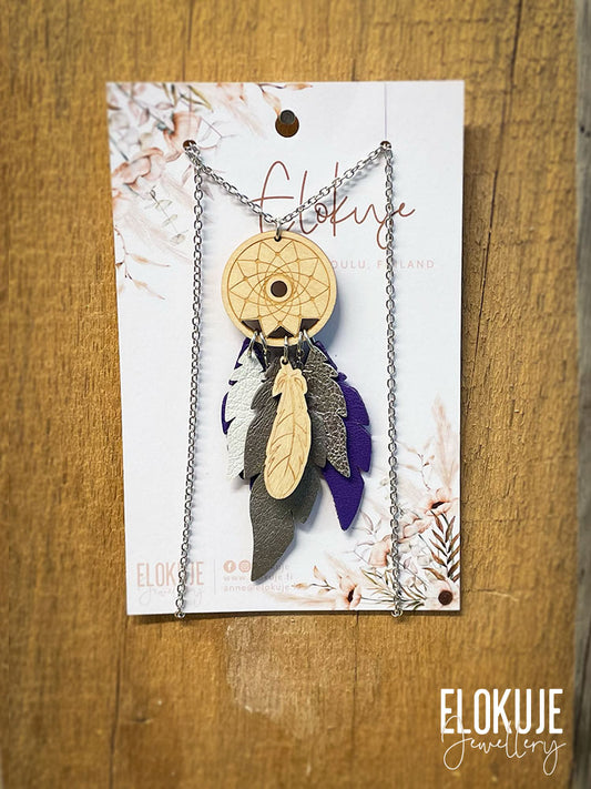 Dreamcatcher earrings made from surplus reindeer leather and birch plywood - lilac