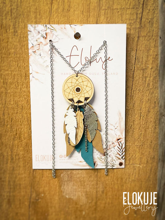 Dreamcatcher earrings made from surplus reindeer leather and birch plywood - lilac