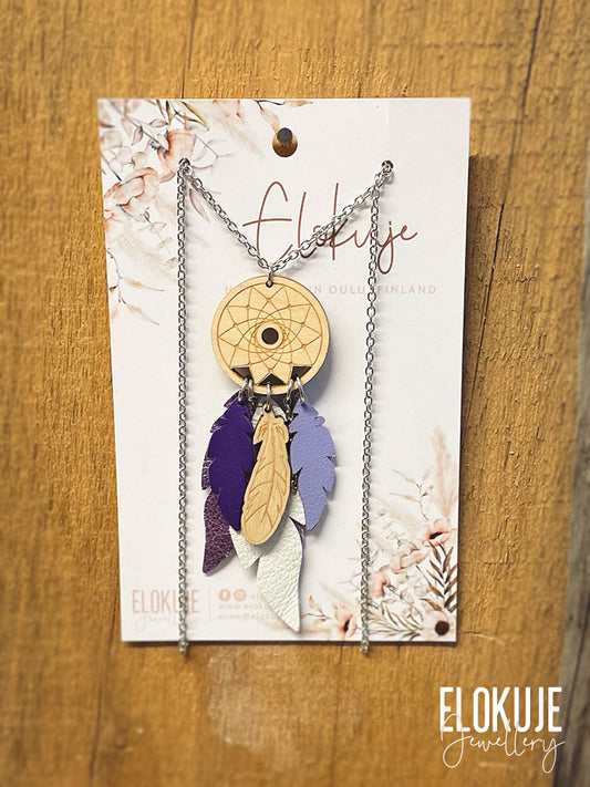 Dreamcatcher earrings made from surplus reindeer leather and birch plywood - lilac