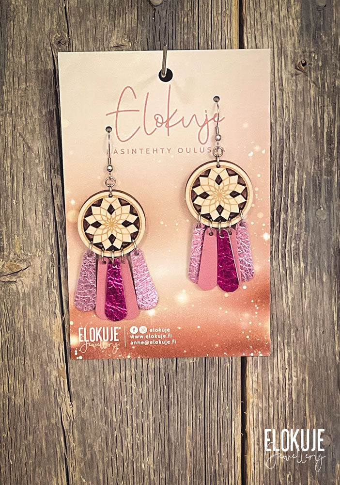 Unisieppari-korvakorut ylijäämäporonnahasta ja koivuvanerista - juhlabling, pinkki