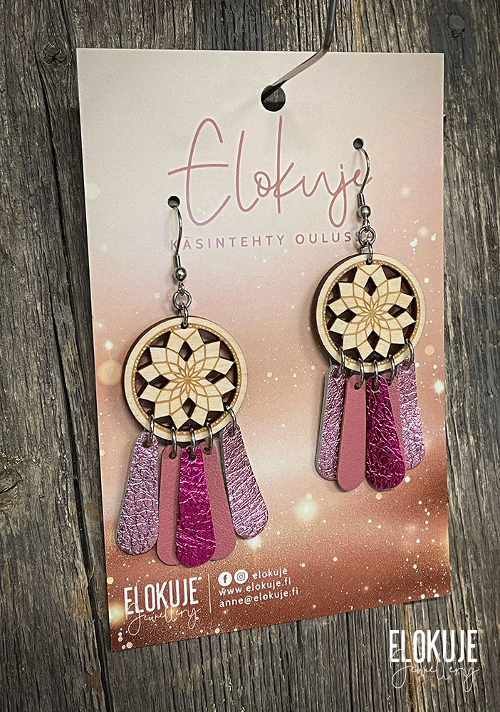 Unisieppari-korvakorut ylijäämäporonnahasta ja koivuvanerista - juhlabling, pinkki