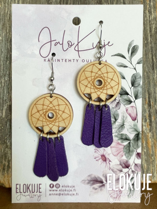 Unisieppari-korvakorut ylijäämäporonnahasta ja koivuvanerista - violetti