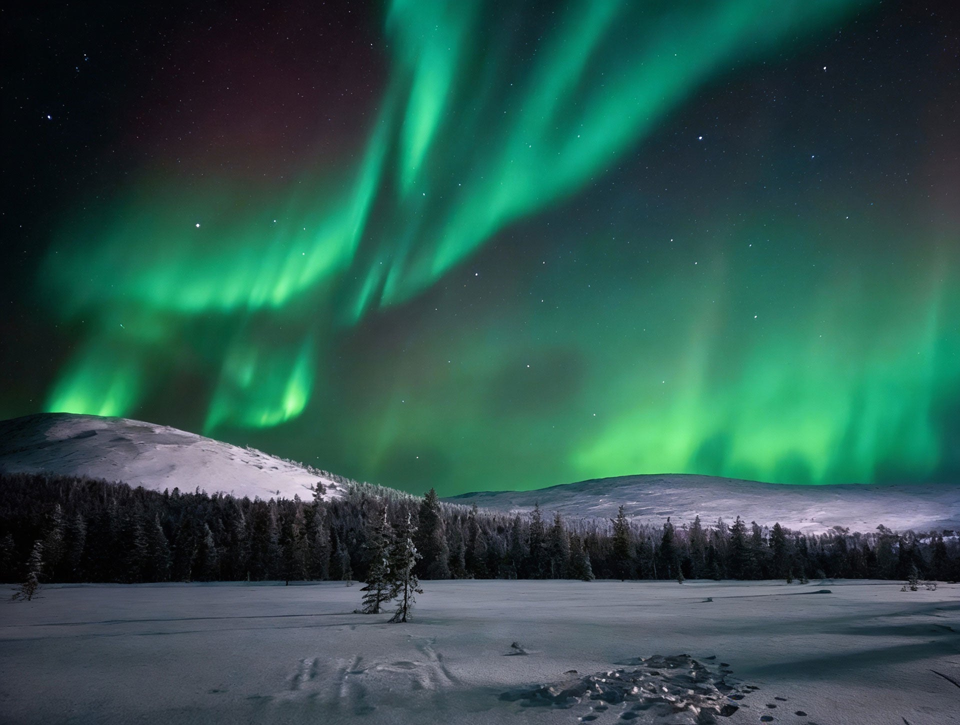 Green northern lights above Ylläs fell in Äkäslompolo