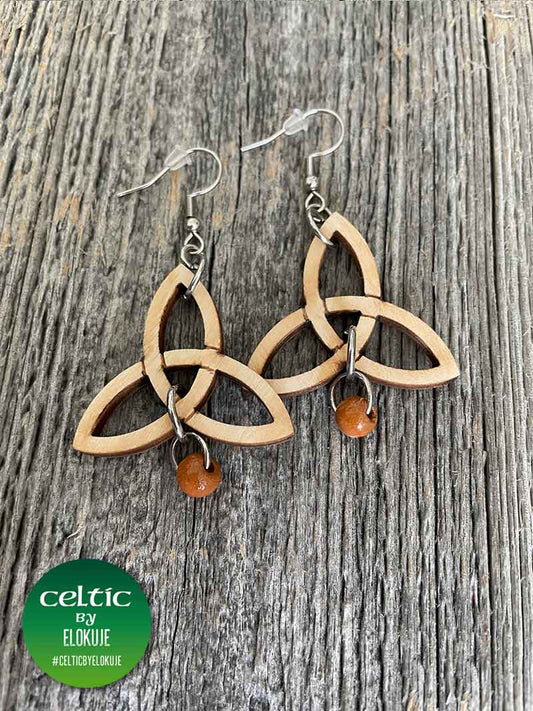 Celtic Trinity Knot Earrings with a brown wooden bead