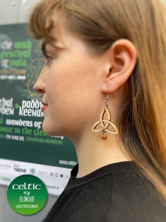 Celtic Trinity Knot Earrings with a brown wooden bead