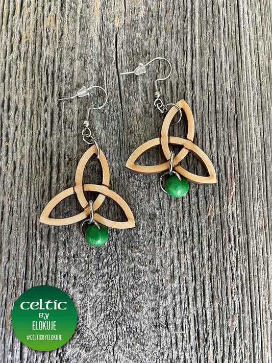 Celtic Trinity Knot Earrings with a green wooden bead