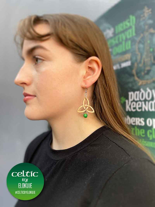 Celtic Trinity Knot Earrings with a green wooden bead